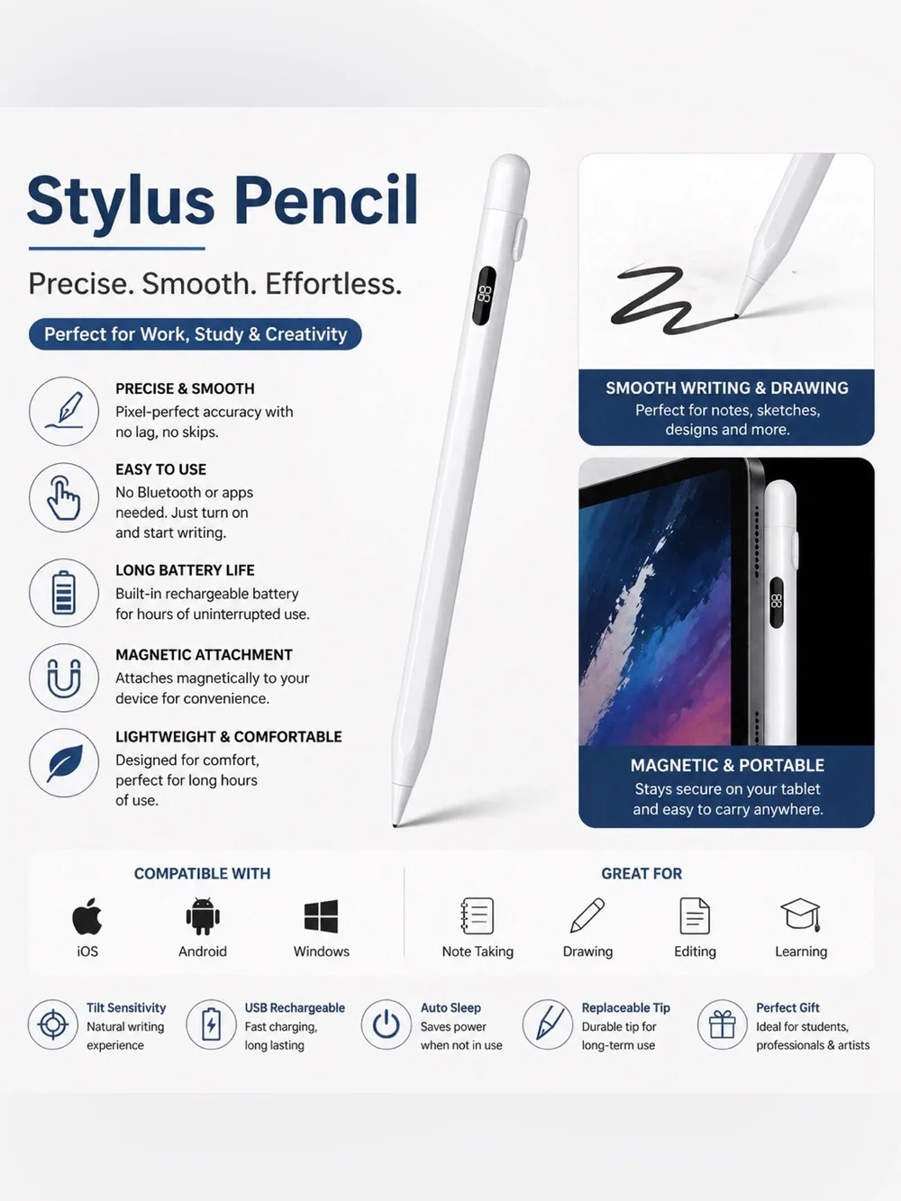White Stylus Pencil for Tablets - Precise Smooth Writing